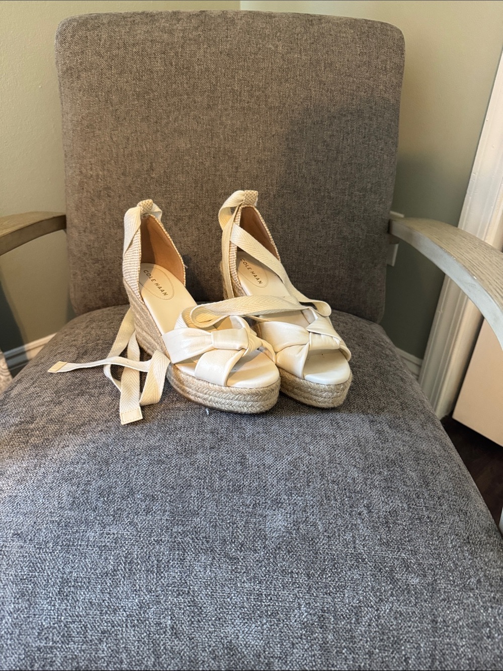 Cole Haan Ivory Espadrille Wedge Sandals with Ankle Tie